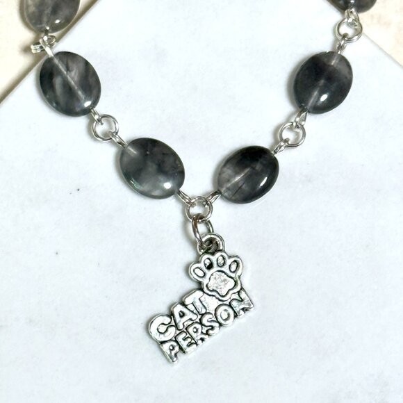 Genuine Grey Tourmalinated Quartz Short Necklace,Gemstone & Cat Person Paw Print - Picture 5 of 14
